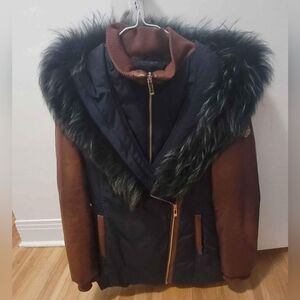 Winter down coat small. Real fur and feathers. Amazing Condition SNO Brand